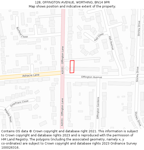 128, OFFINGTON AVENUE, WORTHING, BN14 9PR: Location map and indicative extent of plot