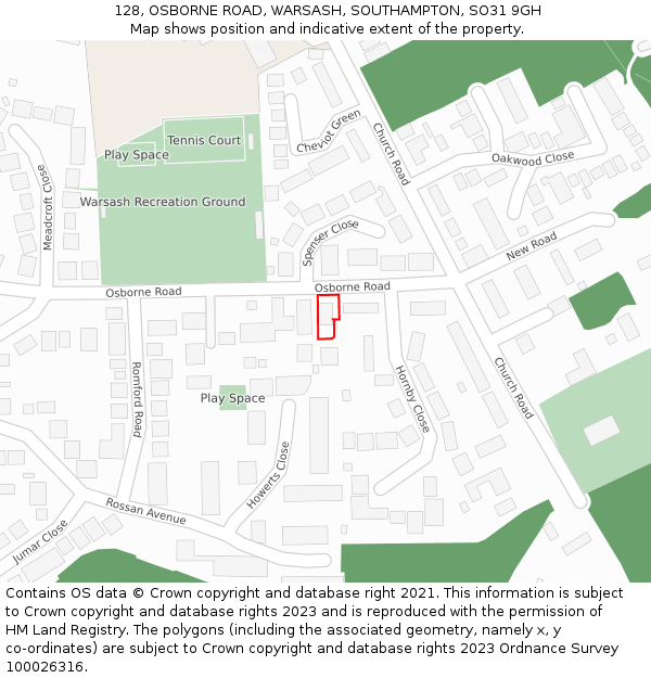 128, OSBORNE ROAD, WARSASH, SOUTHAMPTON, SO31 9GH: Location map and indicative extent of plot