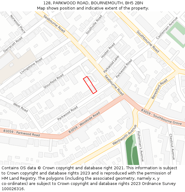 128, PARKWOOD ROAD, BOURNEMOUTH, BH5 2BN: Location map and indicative extent of plot