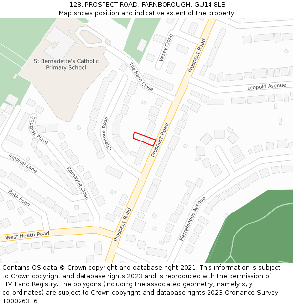 128, PROSPECT ROAD, FARNBOROUGH, GU14 8LB: Location map and indicative extent of plot