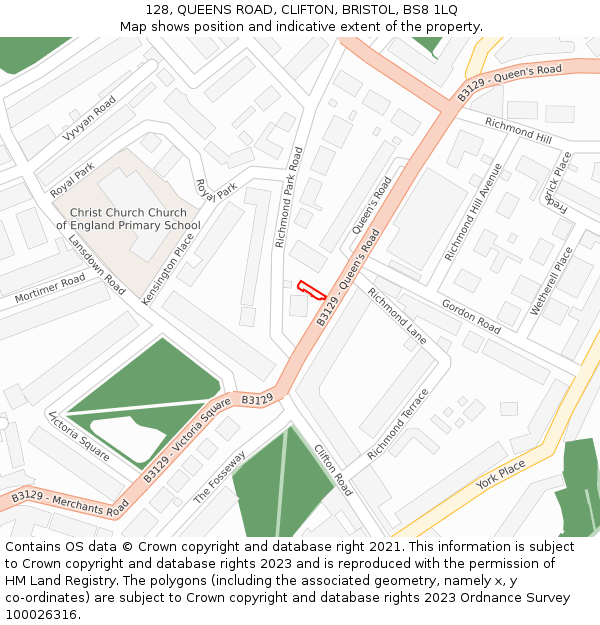 128, QUEENS ROAD, CLIFTON, BRISTOL, BS8 1LQ: Location map and indicative extent of plot