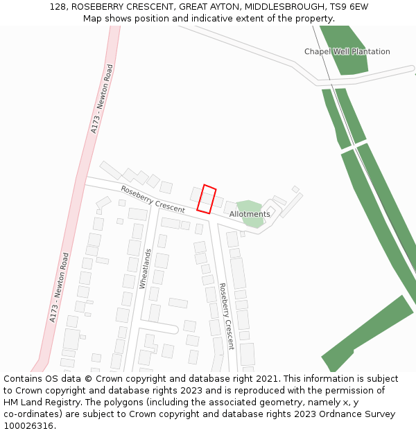 128, ROSEBERRY CRESCENT, GREAT AYTON, MIDDLESBROUGH, TS9 6EW: Location map and indicative extent of plot