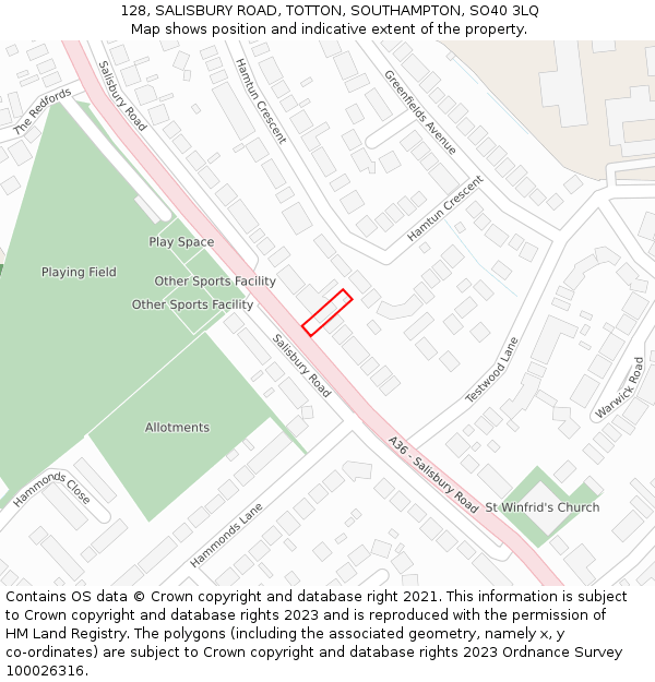 128, SALISBURY ROAD, TOTTON, SOUTHAMPTON, SO40 3LQ: Location map and indicative extent of plot