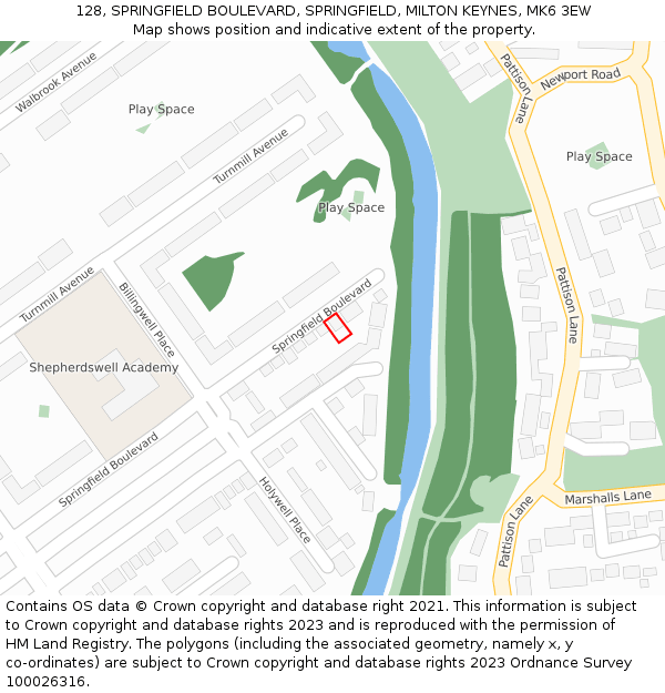 128, SPRINGFIELD BOULEVARD, SPRINGFIELD, MILTON KEYNES, MK6 3EW: Location map and indicative extent of plot