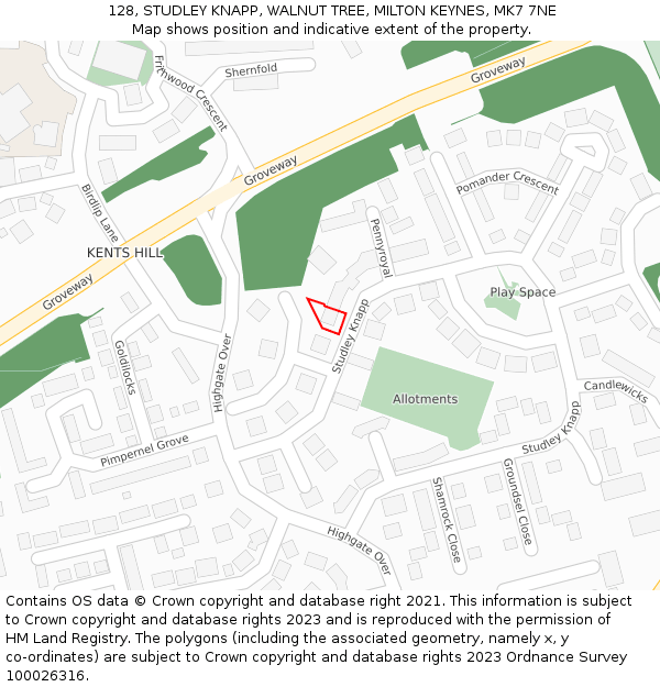 128, STUDLEY KNAPP, WALNUT TREE, MILTON KEYNES, MK7 7NE: Location map and indicative extent of plot