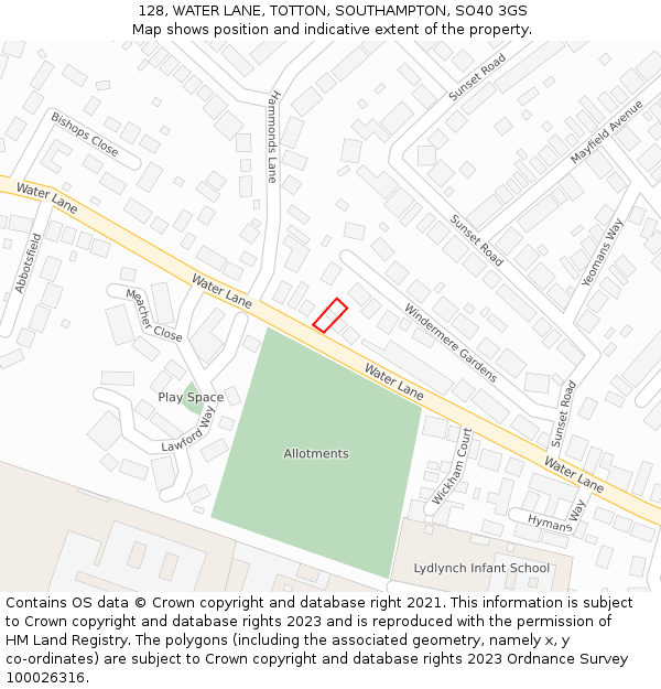 128, WATER LANE, TOTTON, SOUTHAMPTON, SO40 3GS: Location map and indicative extent of plot