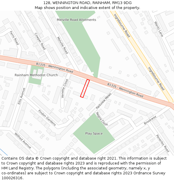 128, WENNINGTON ROAD, RAINHAM, RM13 9DG: Location map and indicative extent of plot