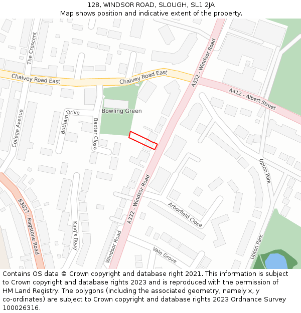 128, WINDSOR ROAD, SLOUGH, SL1 2JA: Location map and indicative extent of plot