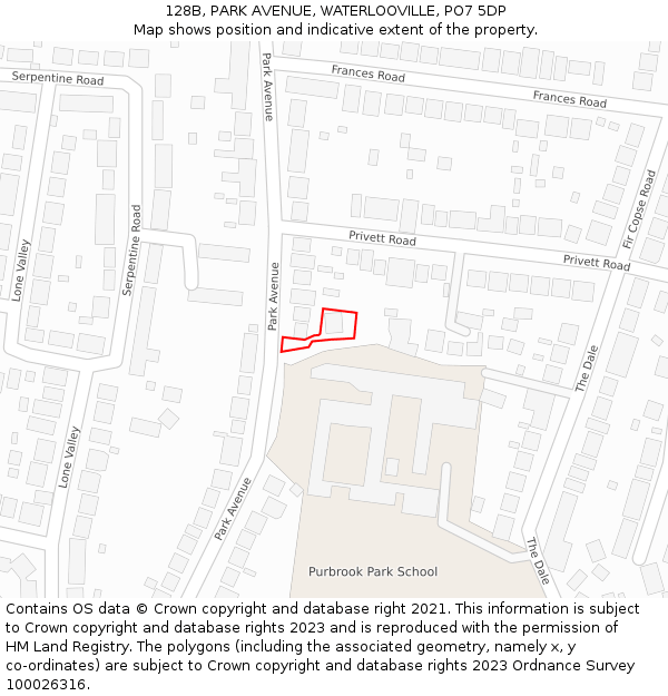 128B, PARK AVENUE, WATERLOOVILLE, PO7 5DP: Location map and indicative extent of plot