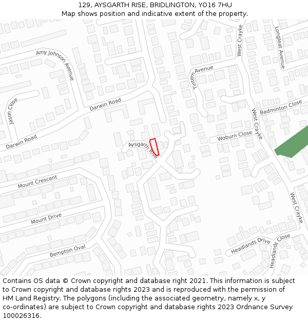 129, AYSGARTH RISE, BRIDLINGTON, YO16 7HU: Location map and indicative extent of plot