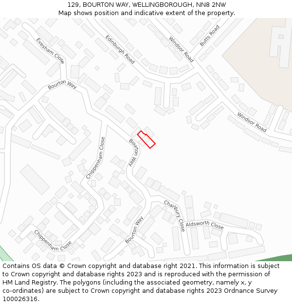 129, BOURTON WAY, WELLINGBOROUGH, NN8 2NW: Location map and indicative extent of plot