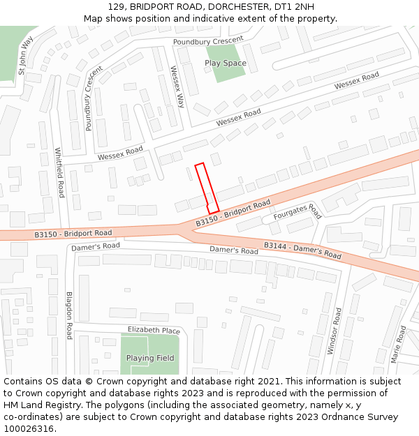 129, BRIDPORT ROAD, DORCHESTER, DT1 2NH: Location map and indicative extent of plot