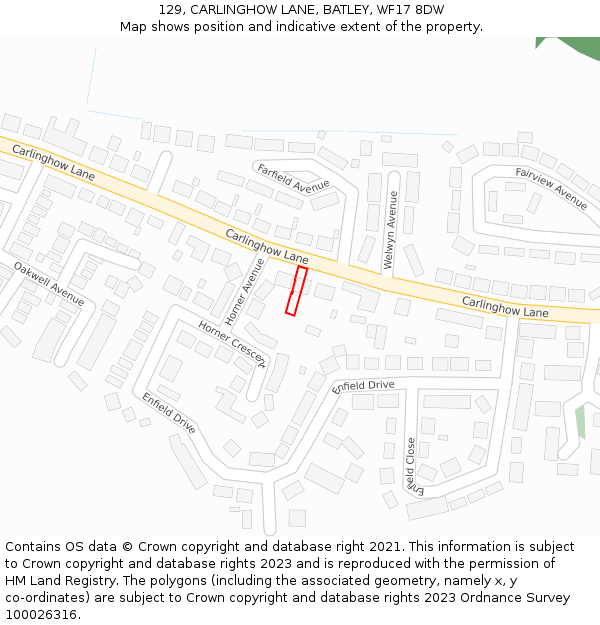 129, CARLINGHOW LANE, BATLEY, WF17 8DW: Location map and indicative extent of plot