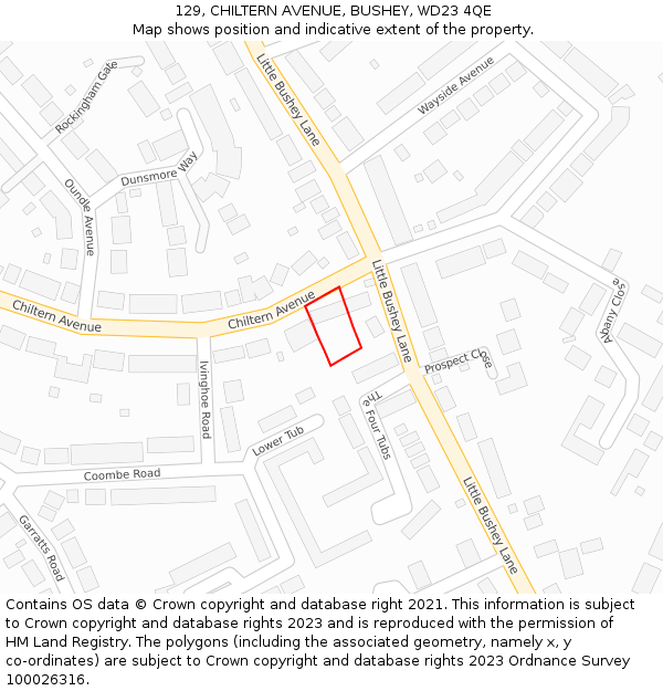 129, CHILTERN AVENUE, BUSHEY, WD23 4QE: Location map and indicative extent of plot