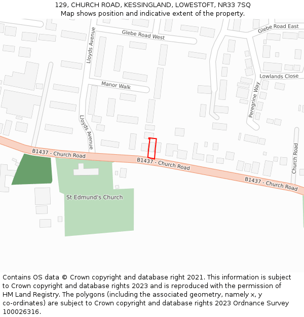 129, CHURCH ROAD, KESSINGLAND, LOWESTOFT, NR33 7SQ: Location map and indicative extent of plot