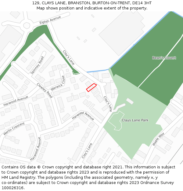 129, CLAYS LANE, BRANSTON, BURTON-ON-TRENT, DE14 3HT: Location map and indicative extent of plot