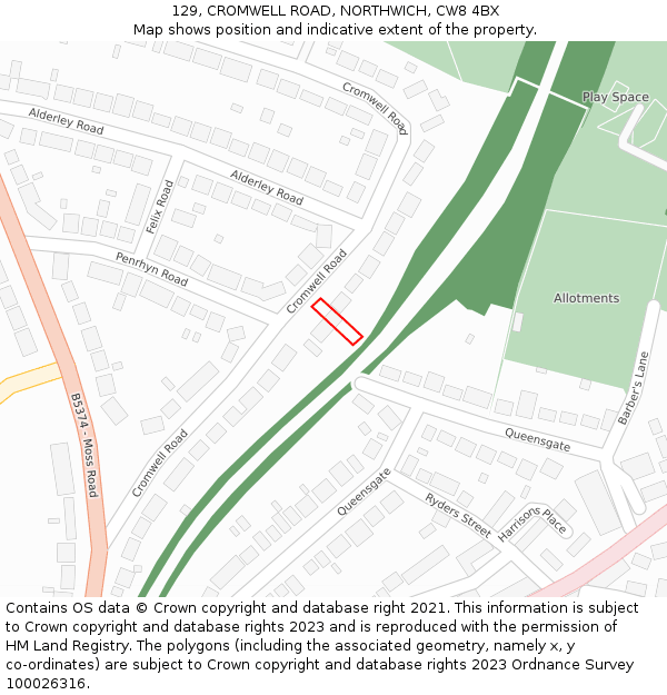 129, CROMWELL ROAD, NORTHWICH, CW8 4BX: Location map and indicative extent of plot