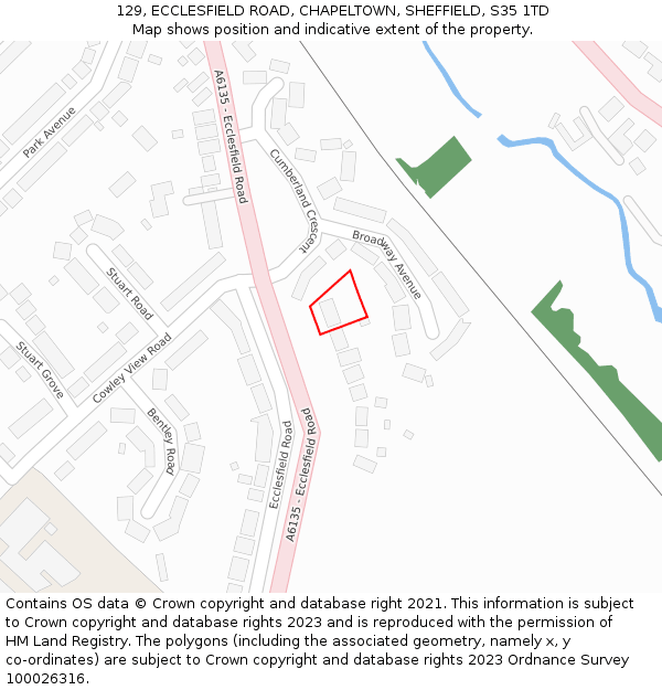 129, ECCLESFIELD ROAD, CHAPELTOWN, SHEFFIELD, S35 1TD: Location map and indicative extent of plot