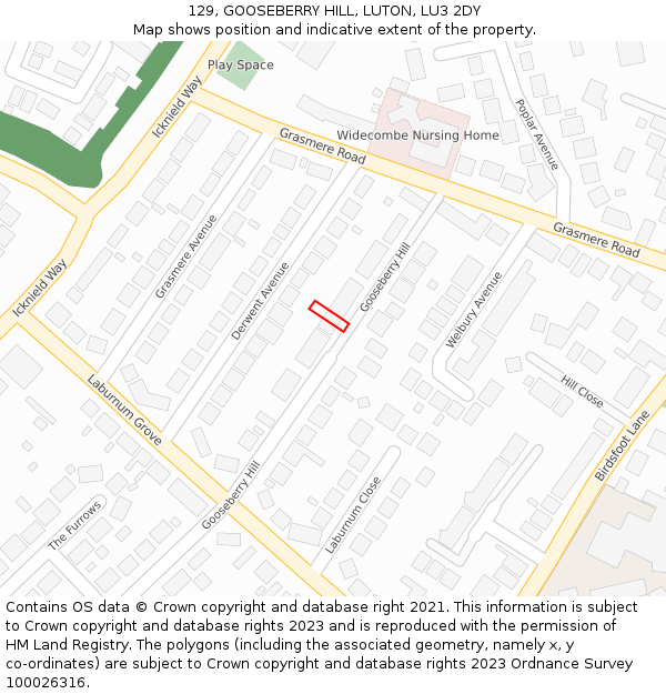 129, GOOSEBERRY HILL, LUTON, LU3 2DY: Location map and indicative extent of plot