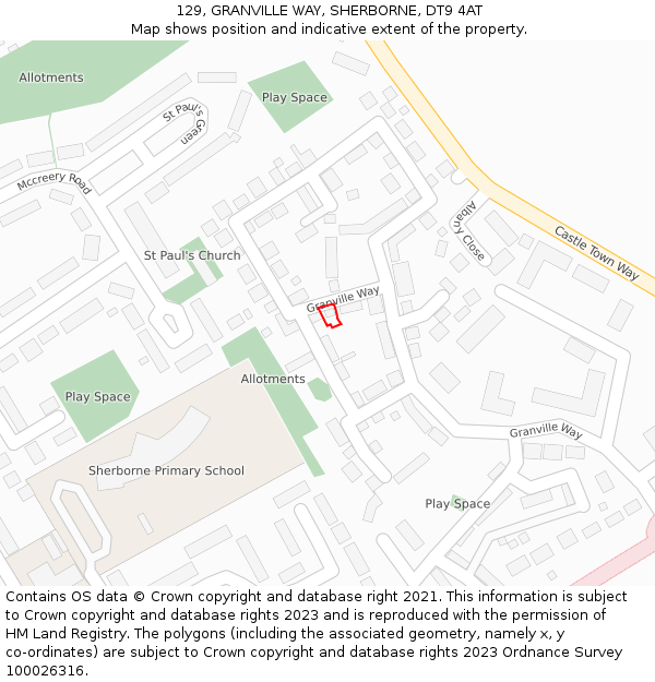 129, GRANVILLE WAY, SHERBORNE, DT9 4AT: Location map and indicative extent of plot