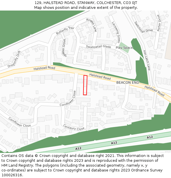 129, HALSTEAD ROAD, STANWAY, COLCHESTER, CO3 0JT: Location map and indicative extent of plot