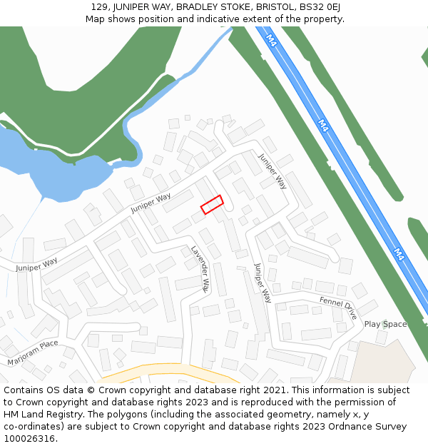 129, JUNIPER WAY, BRADLEY STOKE, BRISTOL, BS32 0EJ: Location map and indicative extent of plot