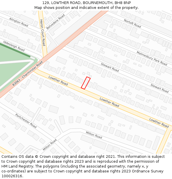 129, LOWTHER ROAD, BOURNEMOUTH, BH8 8NP: Location map and indicative extent of plot