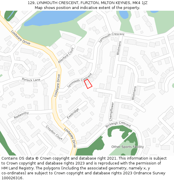 129, LYNMOUTH CRESCENT, FURZTON, MILTON KEYNES, MK4 1JZ: Location map and indicative extent of plot