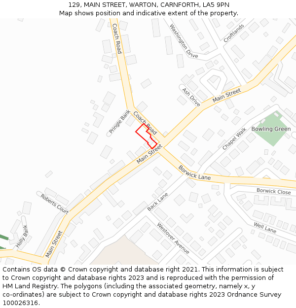 129, MAIN STREET, WARTON, CARNFORTH, LA5 9PN: Location map and indicative extent of plot