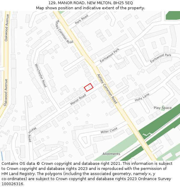 129, MANOR ROAD, NEW MILTON, BH25 5EQ: Location map and indicative extent of plot