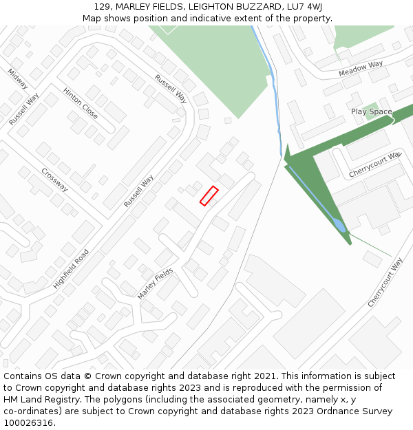 129, MARLEY FIELDS, LEIGHTON BUZZARD, LU7 4WJ: Location map and indicative extent of plot