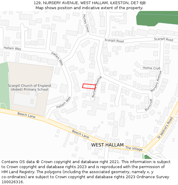 129, NURSERY AVENUE, WEST HALLAM, ILKESTON, DE7 6JB: Location map and indicative extent of plot