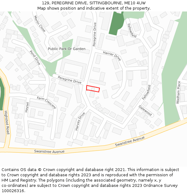 129, PEREGRINE DRIVE, SITTINGBOURNE, ME10 4UW: Location map and indicative extent of plot