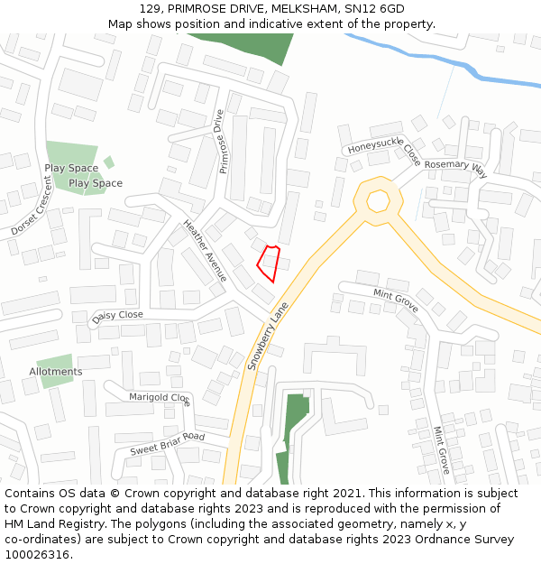 129, PRIMROSE DRIVE, MELKSHAM, SN12 6GD: Location map and indicative extent of plot