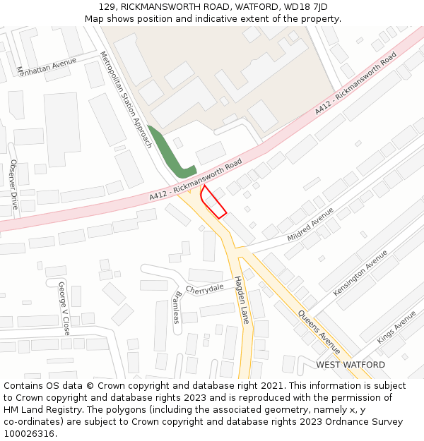 129, RICKMANSWORTH ROAD, WATFORD, WD18 7JD: Location map and indicative extent of plot