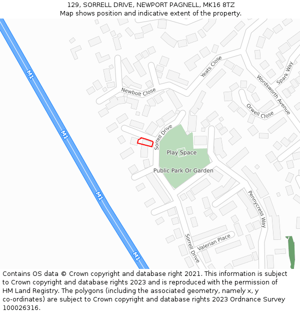 129, SORRELL DRIVE, NEWPORT PAGNELL, MK16 8TZ: Location map and indicative extent of plot