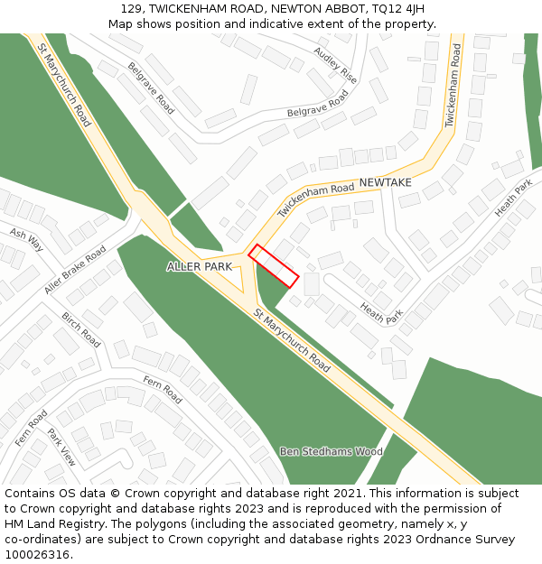 129, TWICKENHAM ROAD, NEWTON ABBOT, TQ12 4JH: Location map and indicative extent of plot