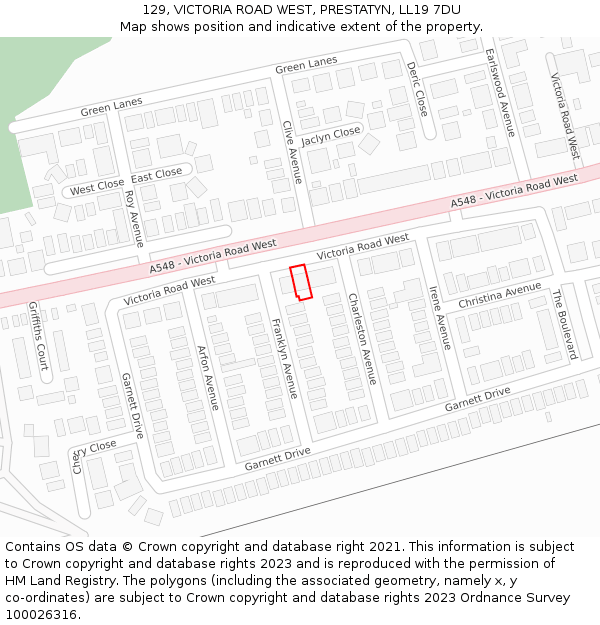 129, VICTORIA ROAD WEST, PRESTATYN, LL19 7DU: Location map and indicative extent of plot