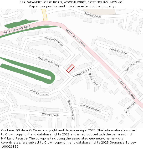 129, WEAVERTHORPE ROAD, WOODTHORPE, NOTTINGHAM, NG5 4PU: Location map and indicative extent of plot