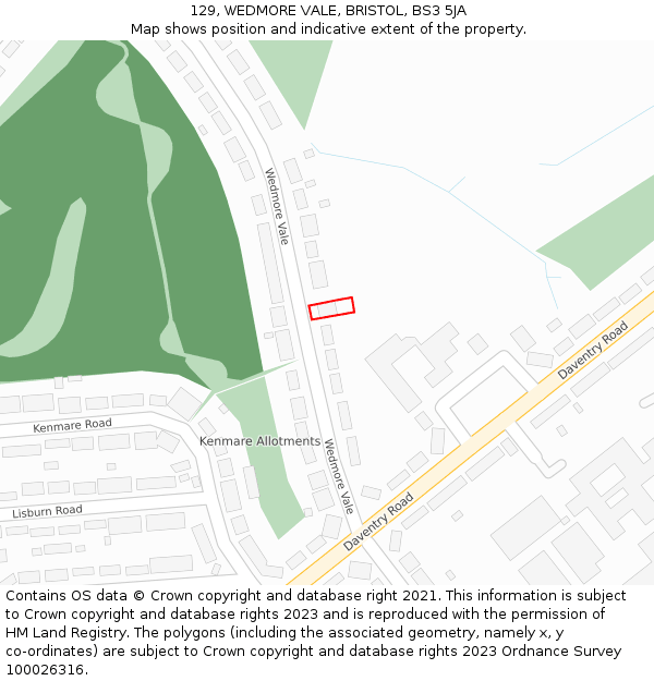 129, WEDMORE VALE, BRISTOL, BS3 5JA: Location map and indicative extent of plot