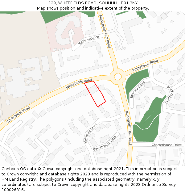 129, WHITEFIELDS ROAD, SOLIHULL, B91 3NY: Location map and indicative extent of plot