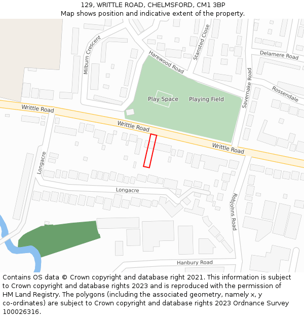 129, WRITTLE ROAD, CHELMSFORD, CM1 3BP: Location map and indicative extent of plot