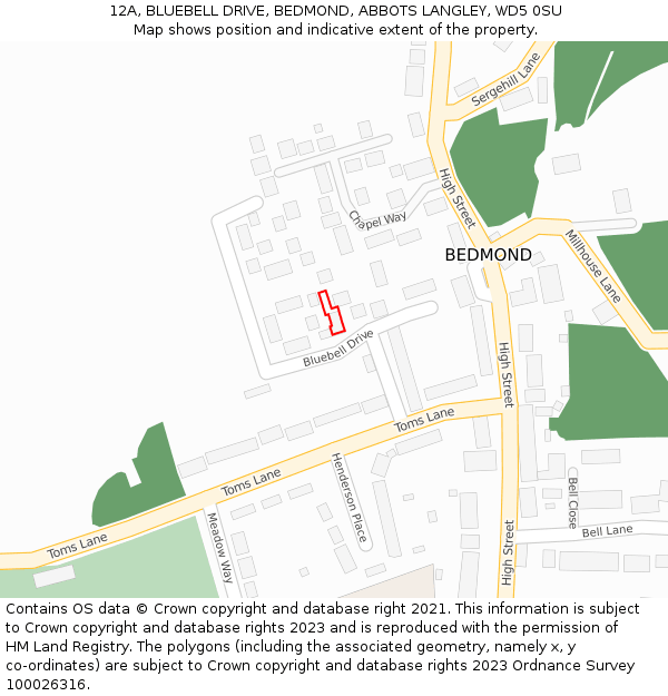 12A, BLUEBELL DRIVE, BEDMOND, ABBOTS LANGLEY, WD5 0SU: Location map and indicative extent of plot