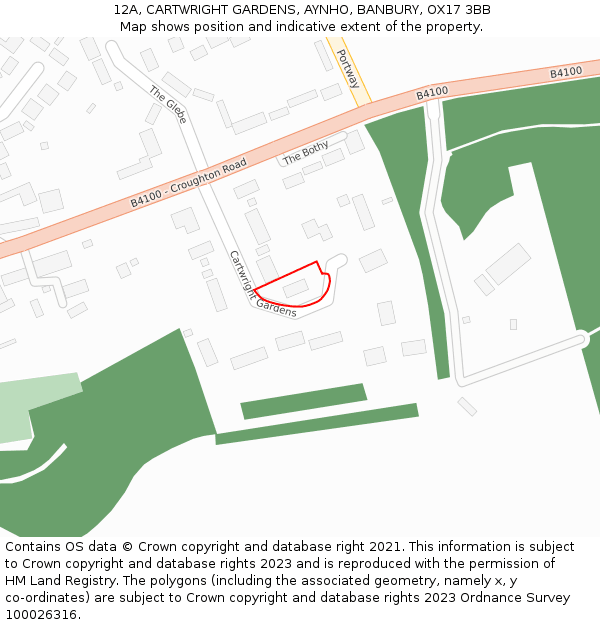 12A, CARTWRIGHT GARDENS, AYNHO, BANBURY, OX17 3BB: Location map and indicative extent of plot