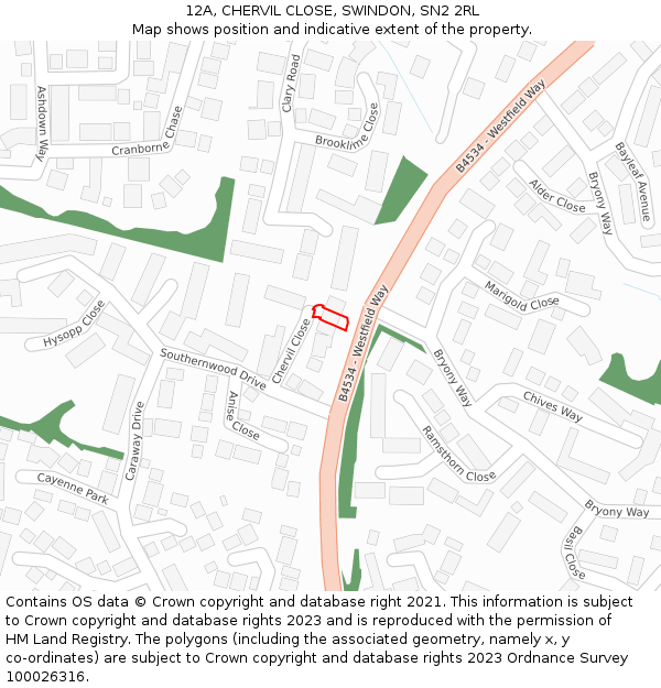 12A, CHERVIL CLOSE, SWINDON, SN2 2RL: Location map and indicative extent of plot