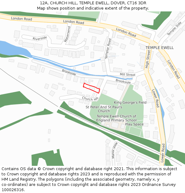 12A, CHURCH HILL, TEMPLE EWELL, DOVER, CT16 3DR: Location map and indicative extent of plot