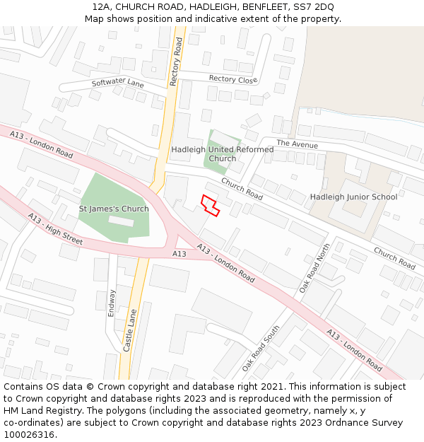 12A, CHURCH ROAD, HADLEIGH, BENFLEET, SS7 2DQ: Location map and indicative extent of plot