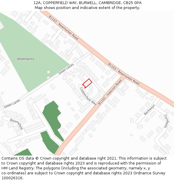 12A, COPPERFIELD WAY, BURWELL, CAMBRIDGE, CB25 0PA: Location map and indicative extent of plot