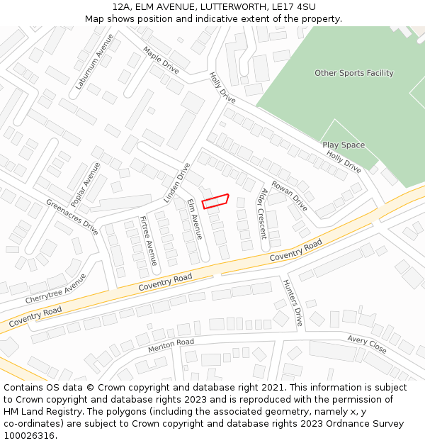 12A, ELM AVENUE, LUTTERWORTH, LE17 4SU: Location map and indicative extent of plot