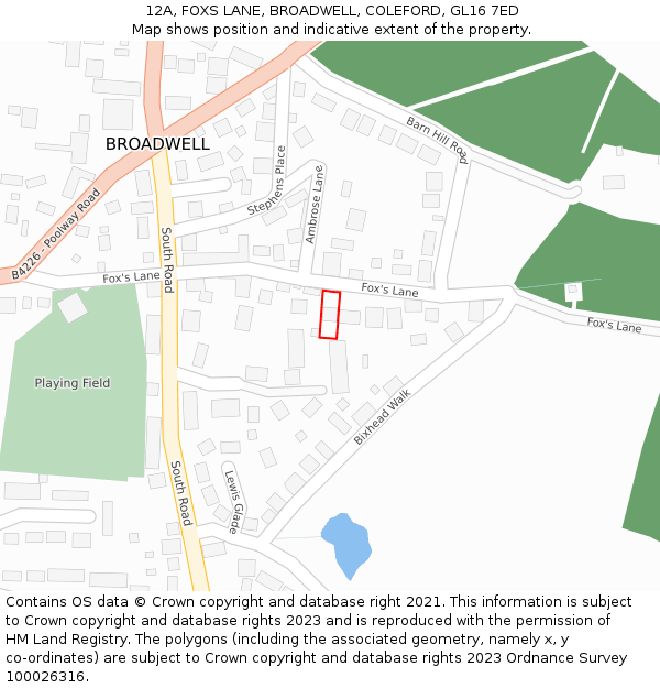 12A, FOXS LANE, BROADWELL, COLEFORD, GL16 7ED: Location map and indicative extent of plot